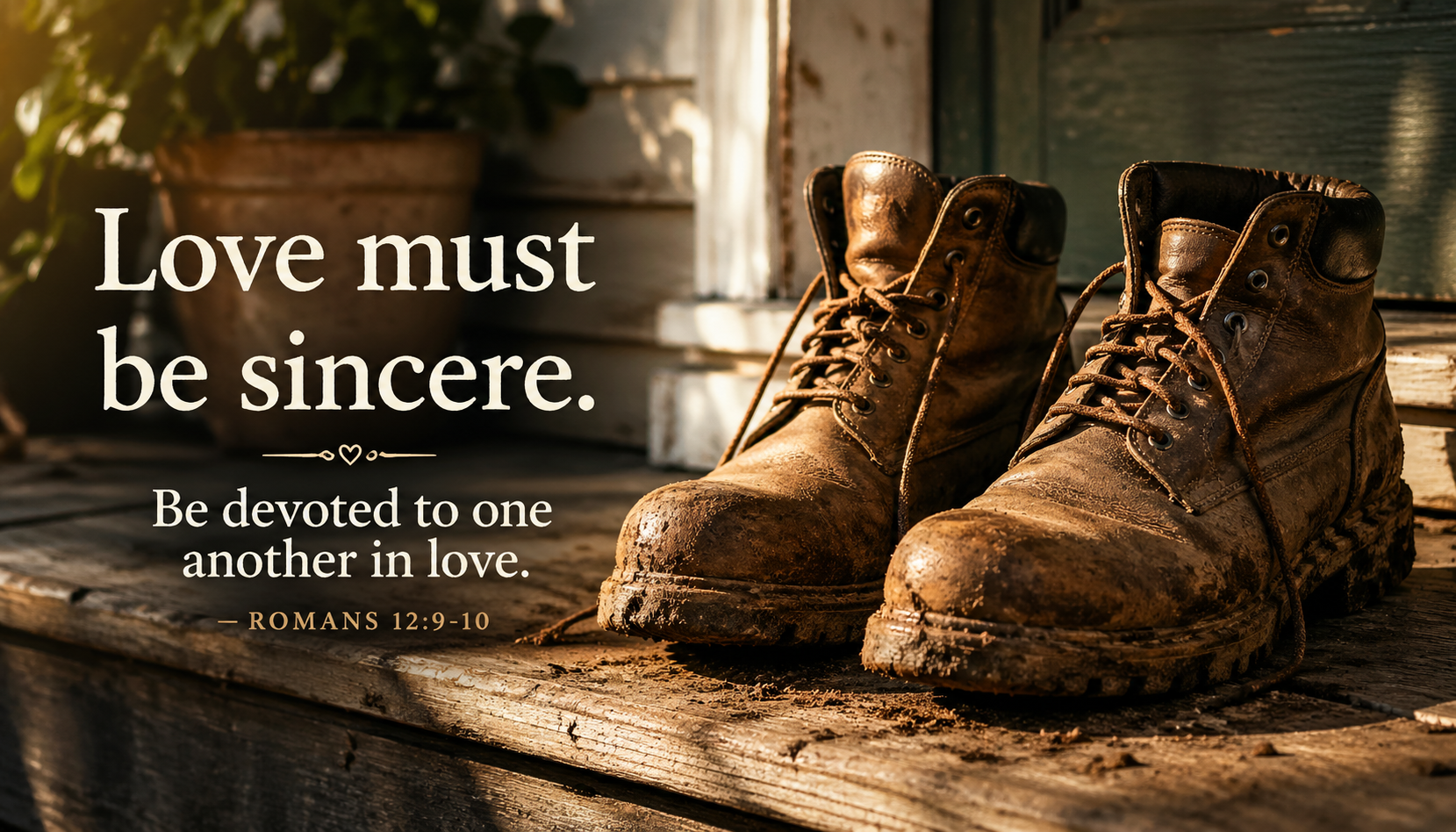 Romans 12:9-10 Bible verse with muddy worn work boots on a wooden step in warm sunlight